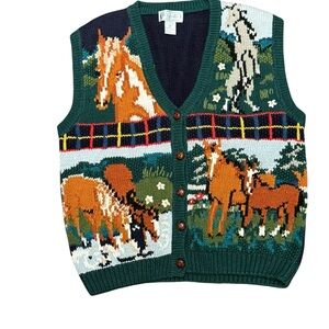 P. Galli Equestrian-Themed Green & Blue Sweater Vest Womens Medium Cotton/Ramie